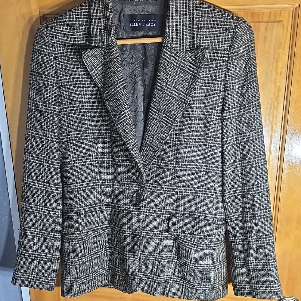 Ellen Tracy Checkered Jacket in Black and Cream Silk And Wool Blend Box L